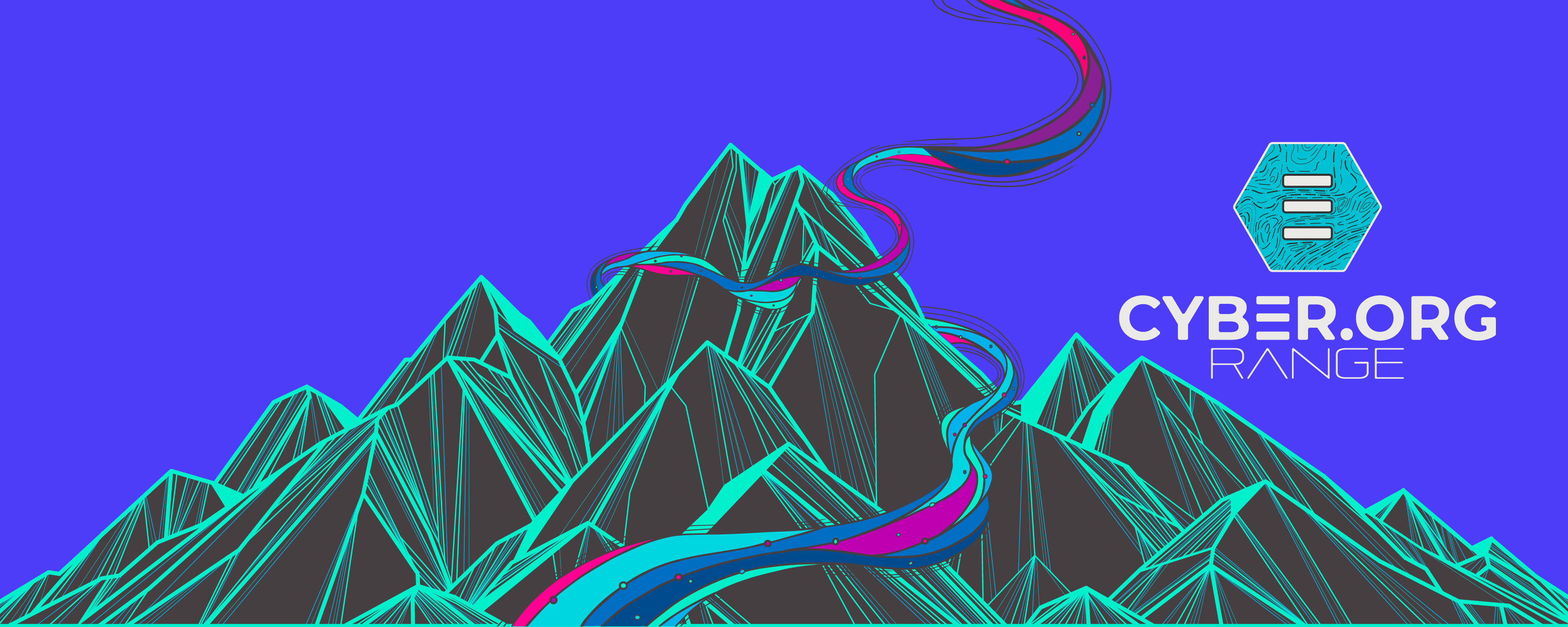 Colorful illustration of a mountain range wrapped in a ribbon