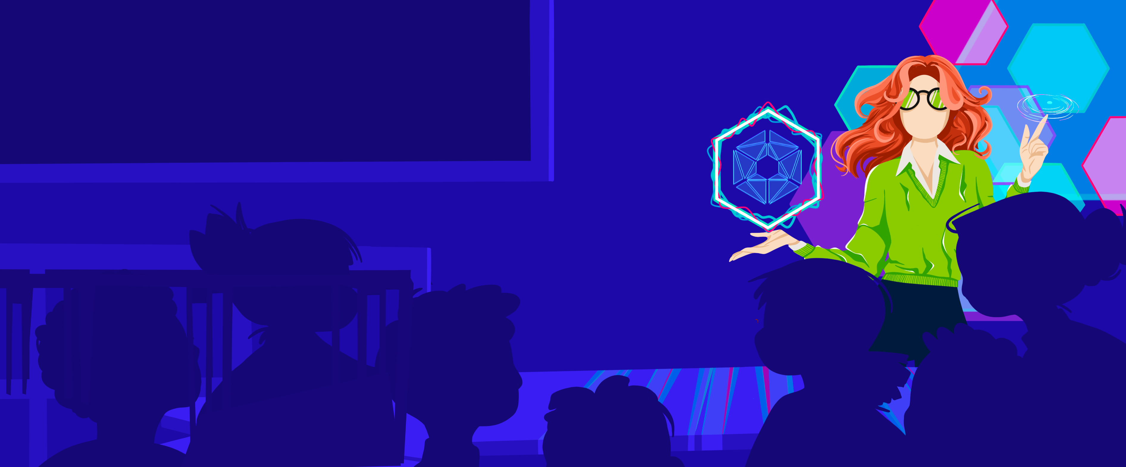 A colorful illustration of a teacher in front of a classroom