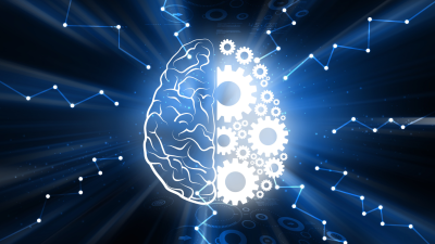 An illustration of brain that is one half human and one half machine