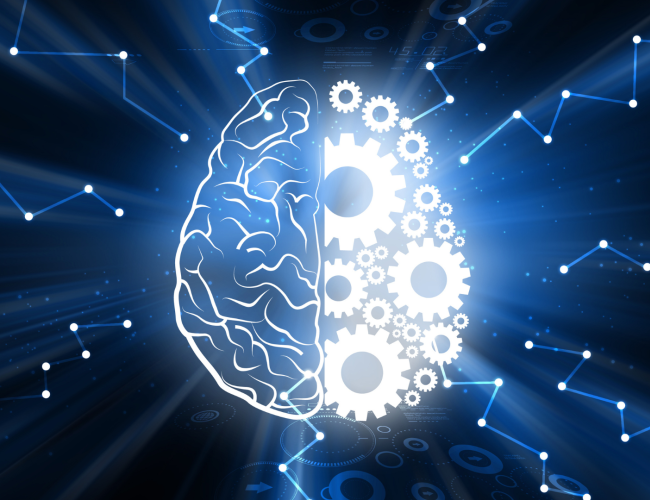 An illustration of brain that is one half human and one half machine
