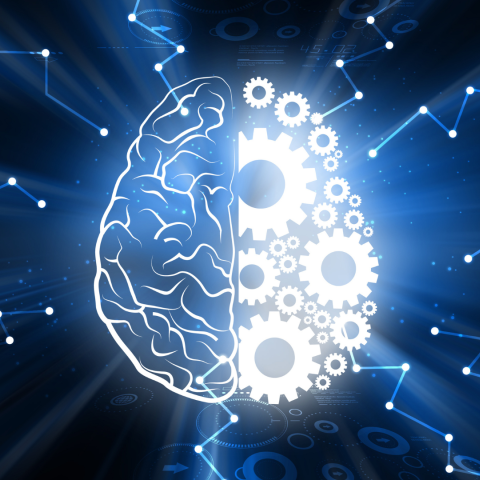 An illustration of brain that is one half human and one half machine